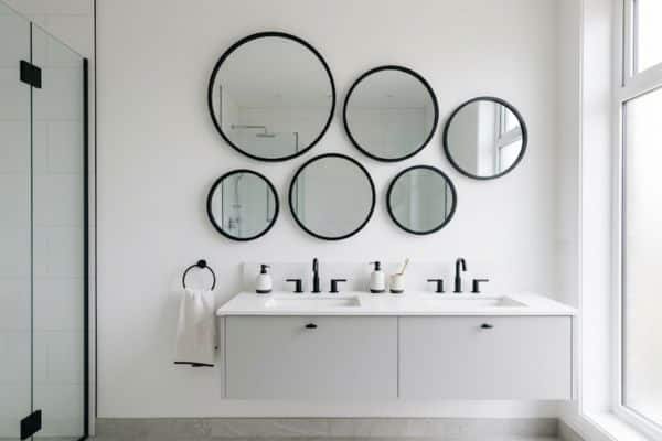 Gallery wall of round mirrors in matte black frames above a double bathroom vanity