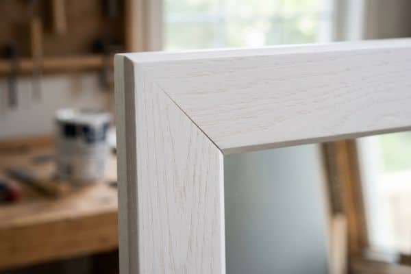 Mitered corner joint on a DIY painted wood bathroom mirror frame